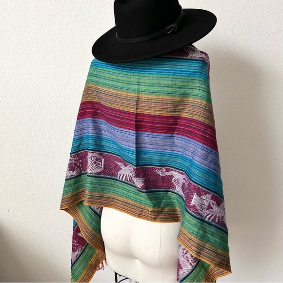 VINTAGE MACHU PICCHU RAINBOW STRIPE EMBROIDRED OVERSIZED SCARF SHAWL - Picture 6 of 10
